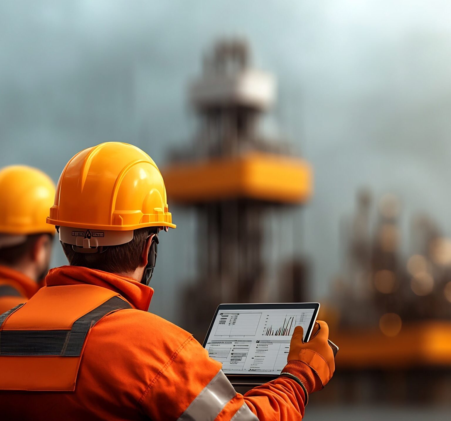 Offshore safety inspectors in protective gear conducting thorough inspections and data analysis on tablets and laptops to evaluate the compliance and risk management protocols of coastal oil and gas