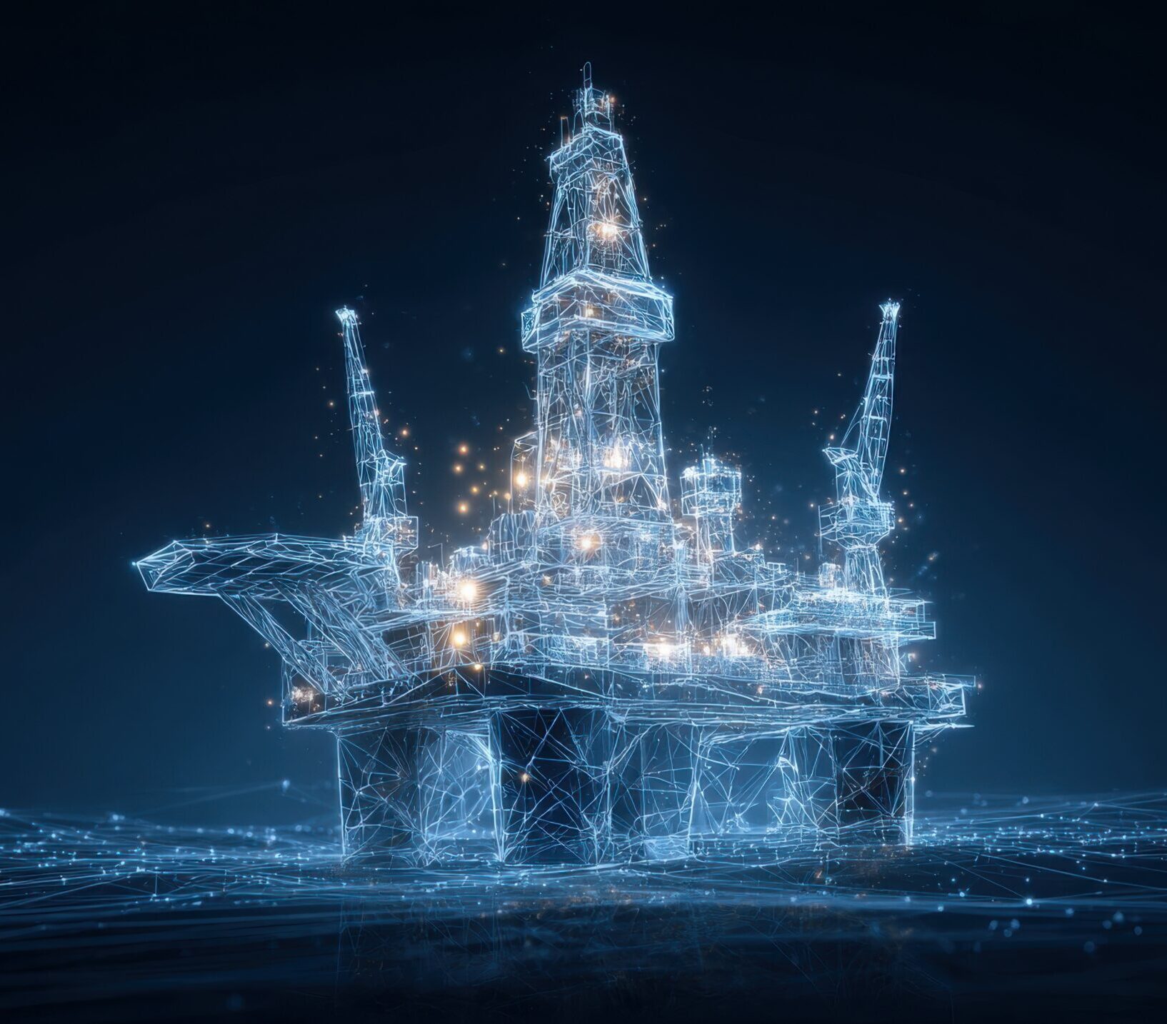 A detailed representation of an advanced oil rig is shown, illuminated by lights and enveloped in digital data patterns, emphasizing innovation in offshore energy production