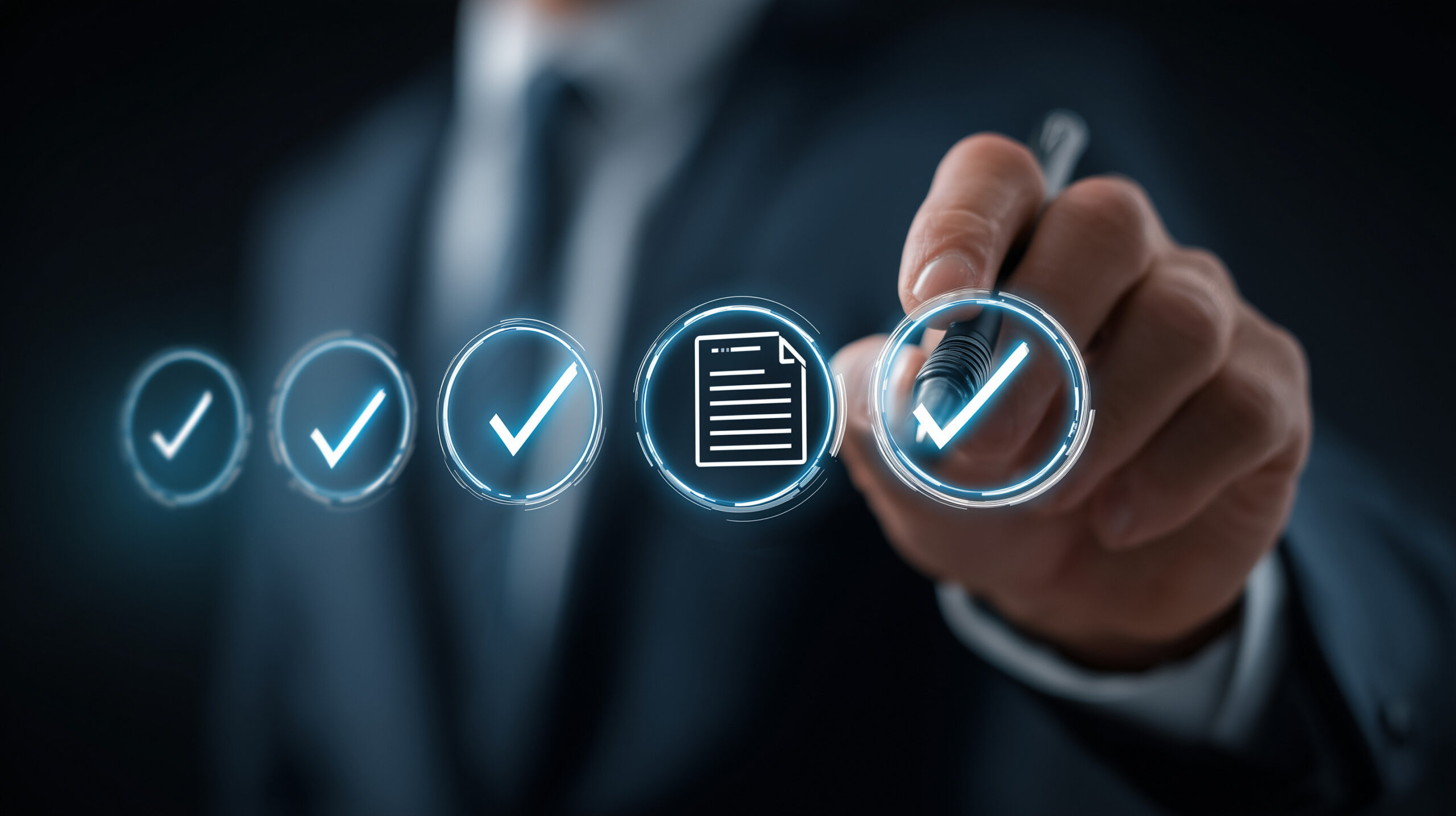 Profissional usa sistema futurista para revisar e validar arquivos digitais, com ícones de marcação indicando conformidade e processo seguro